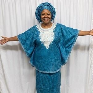 Blue Embroidered Two-Piece Set Women’s Kaftan Top & Skirt Boho Ethnic Outfit MP